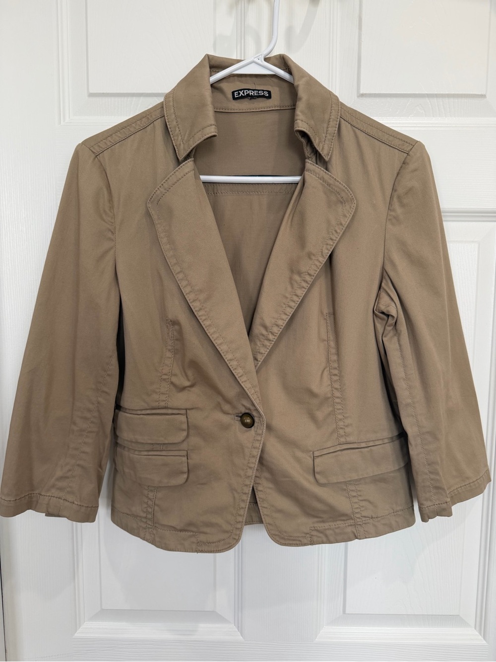 Express Women’s Tan Khaki Stretch Cotton Blazer 3/4 Sleeve Career Jacket